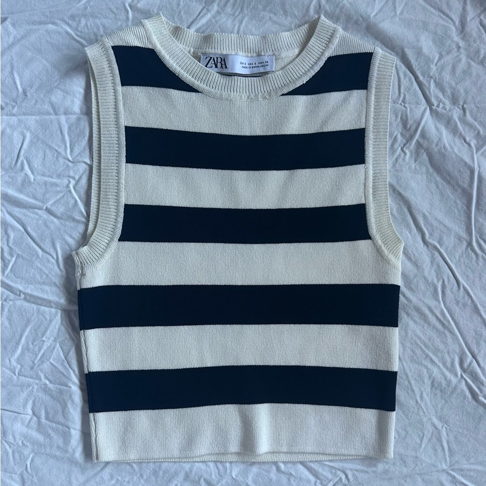 Zara Cream & Navy striped high neck cropped tank top